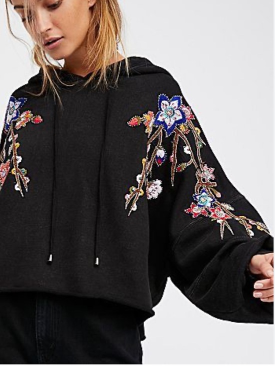 Free People Tops - Free People Cherry Blossom Embroidered Beaded Sequin Hoodie Black Mineral-M/L